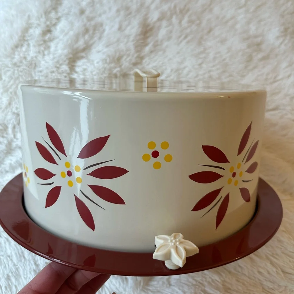 Temp-tations Old World Confetti Cake Carrier Cake Keeper Locking Lid Red Floral